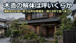 静かな住宅街に建つ古い木造2階建ての日本家屋。瓦屋根と風化した木の外壁