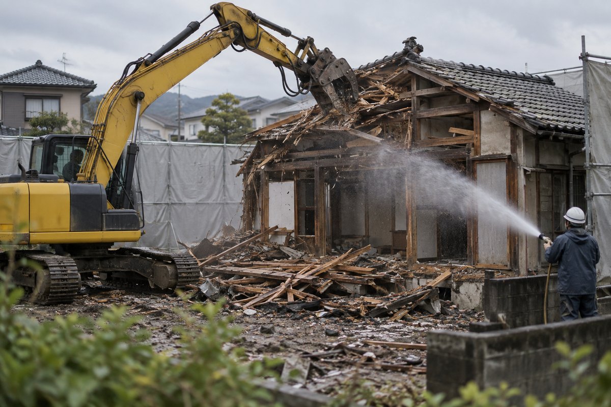 住宅地の解体現場で、重機が古い木造住宅の屋根を慎重に解体している。散水しながらの作業で、周囲は仮囲いで囲まれている