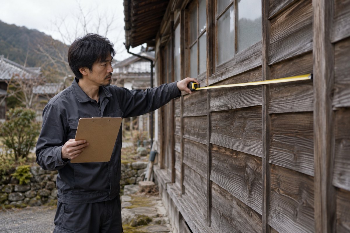 作業着姿の人が、古い木造住宅の外壁をメジャーで測りながら、もう一方の手にバインダーを持っている