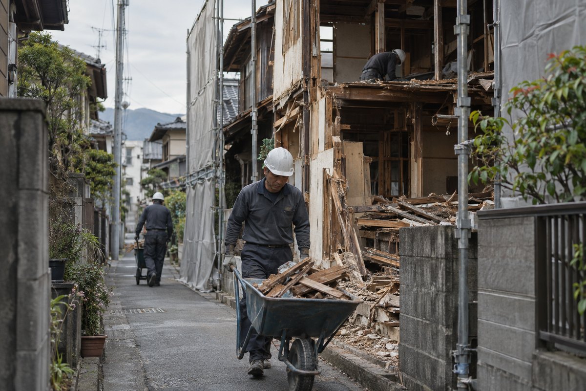 幅の狭い住宅地の道で、古い木造住宅を手壊しで解体している。作業員が一輪車でがれきを運び出し、足場と養生シートが隣家の壁ぎわまで迫っている