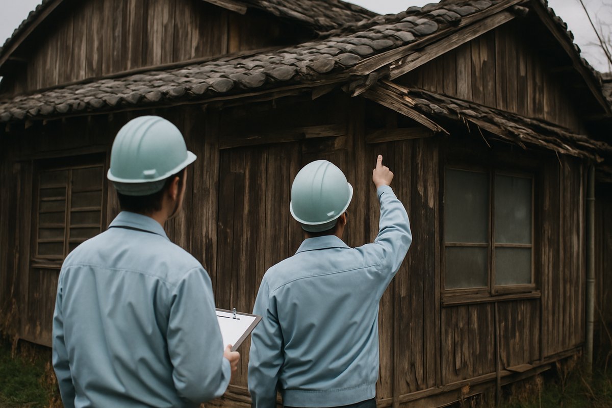 市区町村の職員2人が、傷んだ木造の空き家の外観を調査している