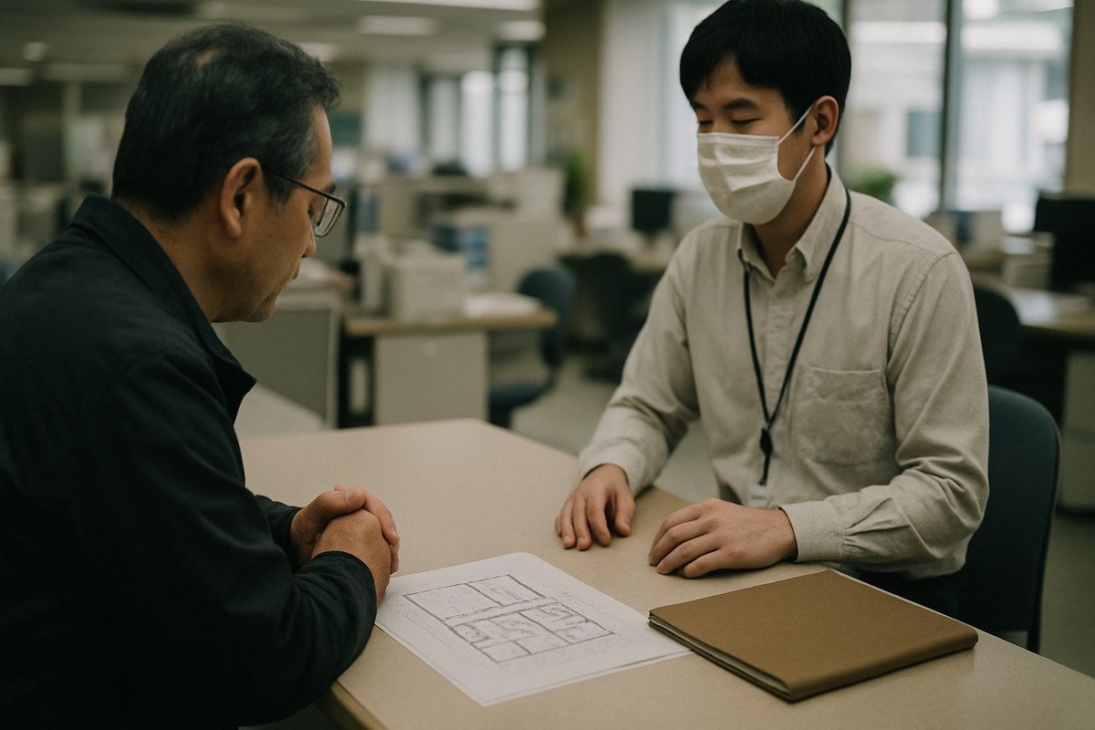 市区町村の空き家相談窓口で、図面と書類を挟んで職員と向かい合う男性