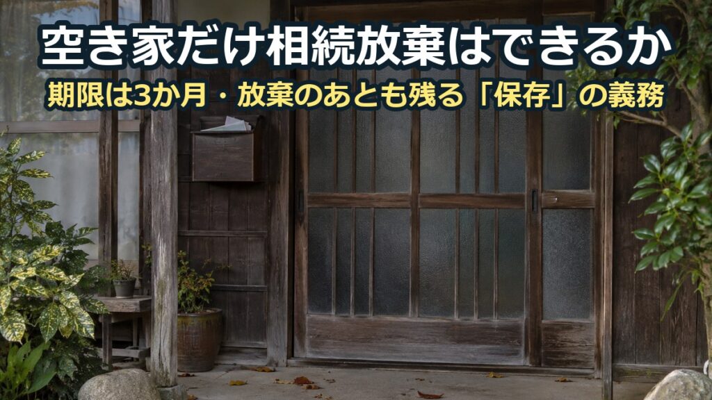 古い木造住宅の玄関。すりガラスの引き戸と、チラシがはみ出した木の郵便受け、足元に散った落ち葉