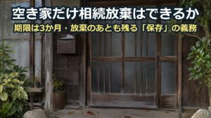 古い木造住宅の玄関。すりガラスの引き戸と、チラシがはみ出した木の郵便受け、足元に散った落ち葉