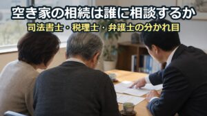 事務所の相談室で、スーツ姿の相談員が書類を指さしながら年配の夫婦に説明している様子