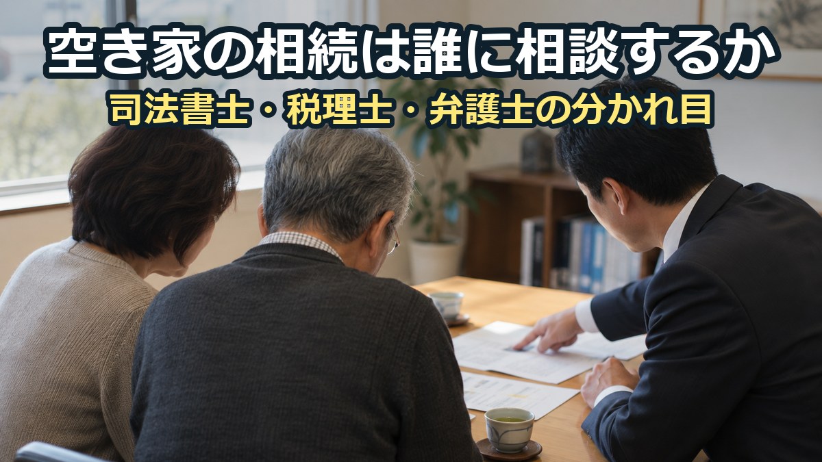事務所の相談室で、スーツ姿の相談員が書類を指さしながら年配の夫婦に説明している様子