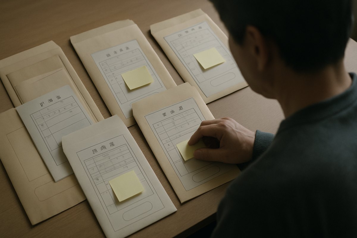 複数の市区町村から取り寄せた戸籍の書類を、付箋を貼りながら机で整理している