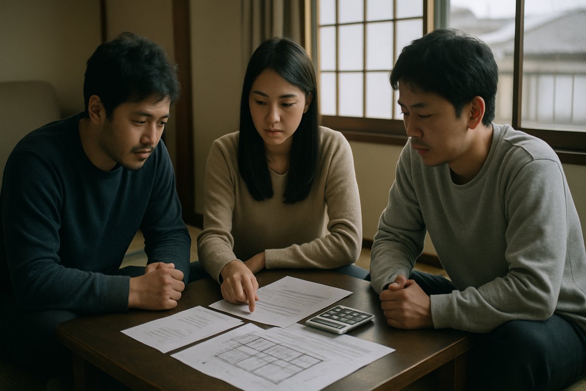 実家の居間で、きょうだい3人が図面と書類を囲んで遺産分割を話し合っている