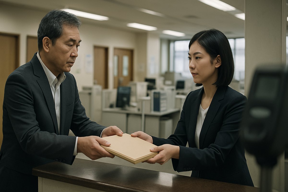 法務局の窓口で、書類の入った封筒を職員に渡す50代の男性
