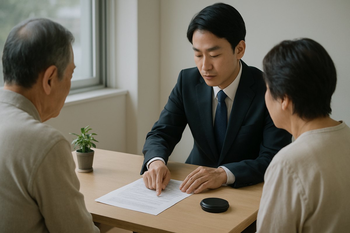 司法書士の相談机で、年配の夫婦に書類を説明している様子