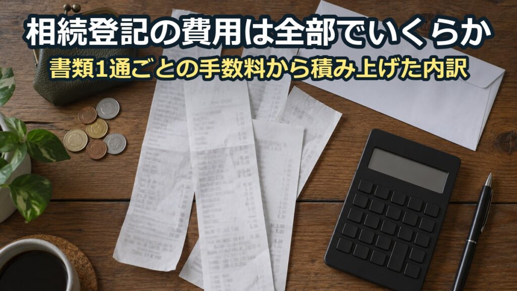 木の机に広げた細長い領収書数枚と、がま口の小銭入れ・硬貨・白い封筒・電卓・ボールペン