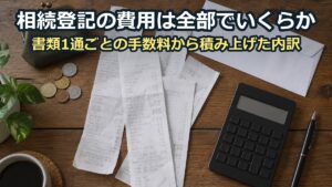 木の机に広げた細長い領収書数枚と、がま口の小銭入れ・硬貨・白い封筒・電卓・ボールペン