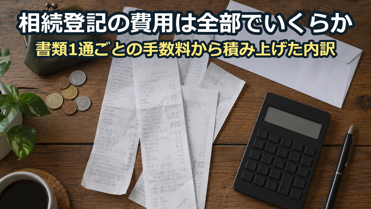 木の机に広げた細長い領収書数枚と、がま口の小銭入れ・硬貨・白い封筒・電卓・ボールペン