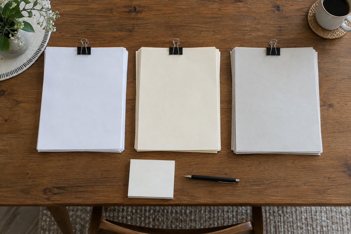 木のテーブルに3つの山に分けて置かれた書類の束。それぞれ上端をクリップでとめ、手前にメモ用紙とペン