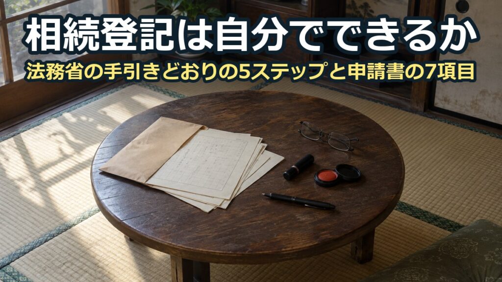 和室のちゃぶ台に広げた古い書類の束と、認印・朱肉・ボールペン・老眼鏡