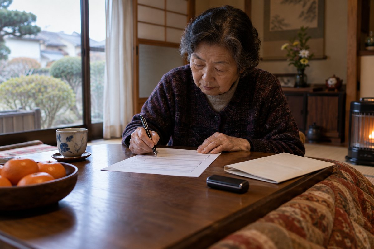 こたつの前に座った年配の人が、ボールペンで書類に記入している。たたんだ書類と印鑑ケースがわきに置かれている