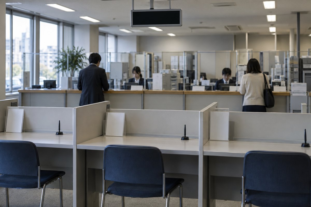 法務局の窓口を来訪者側から見たところ。番号表示と記載台が並ぶ、日中の静かな様子