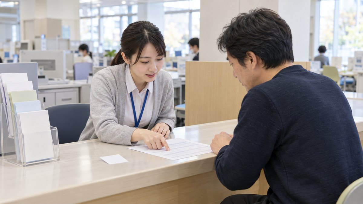 役所の窓口カウンターで、職員が書類を指さしながら来庁者に説明している様子。カウンターにはパンフレットの立てが置かれている