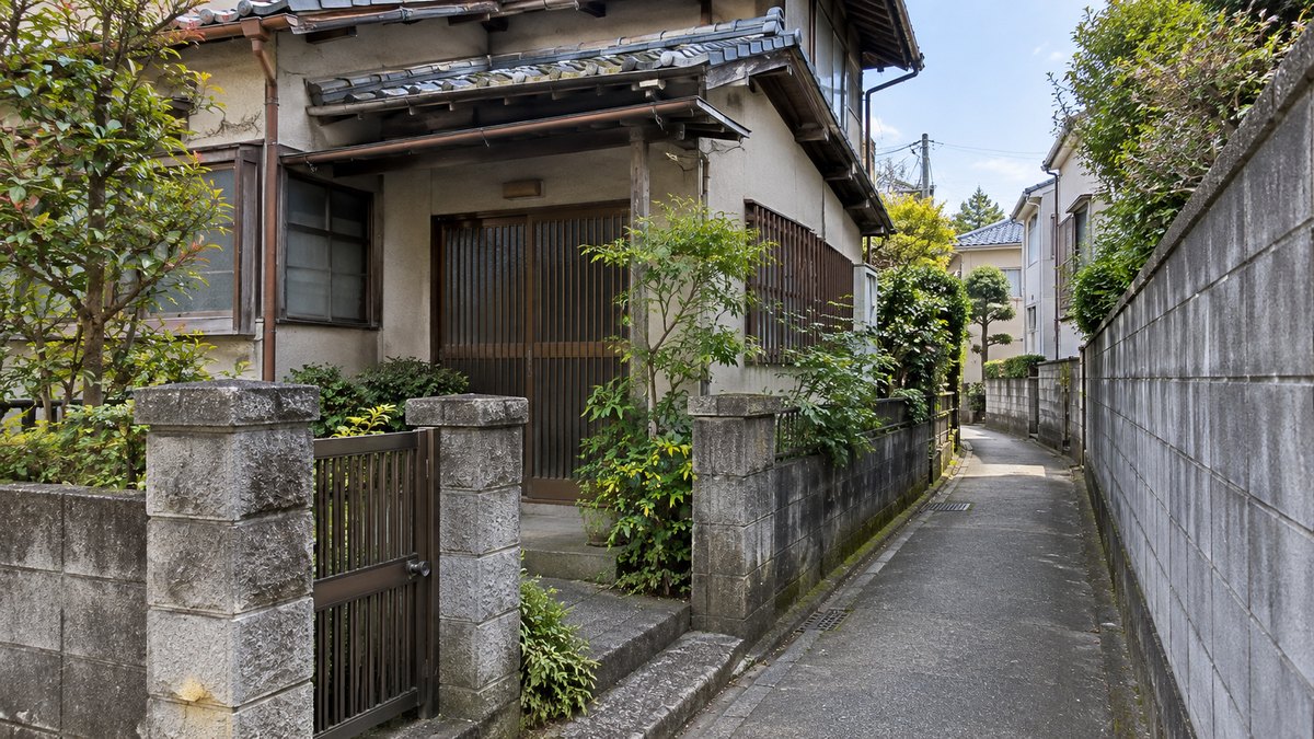 幅の狭い道に面した古い住宅の門柱と玄関。道の両側にブロック塀が続いている