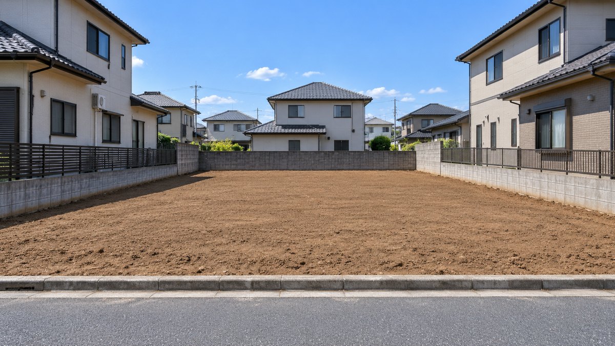解体が終わって整地された住宅地の区画。土だけの平らな更地で、両隣と奥に住宅が建っている