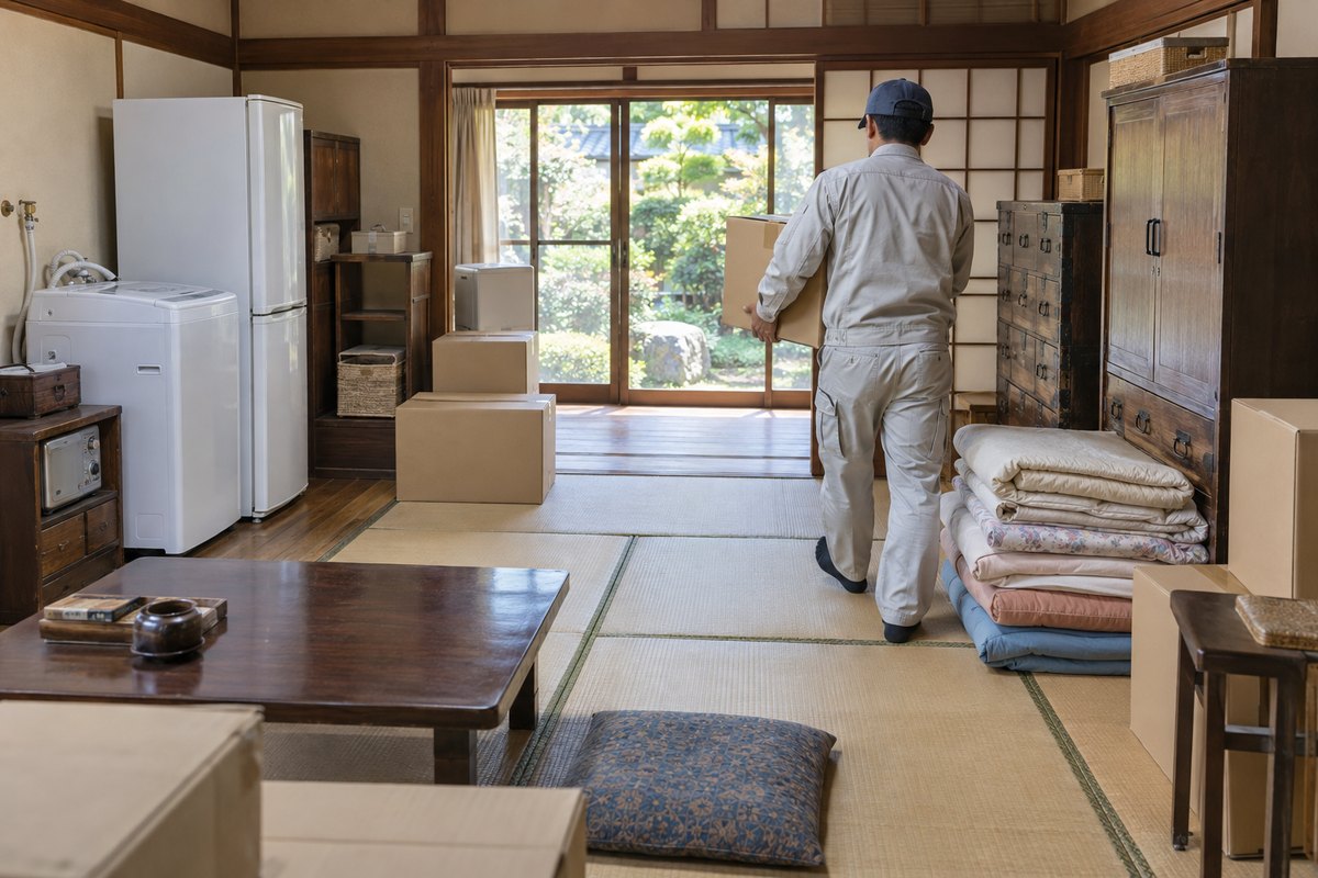 空き家の和室に冷蔵庫や洗濯機、布団、段ボール箱が寄せられ、作業着の人が段ボールを運び出している様子